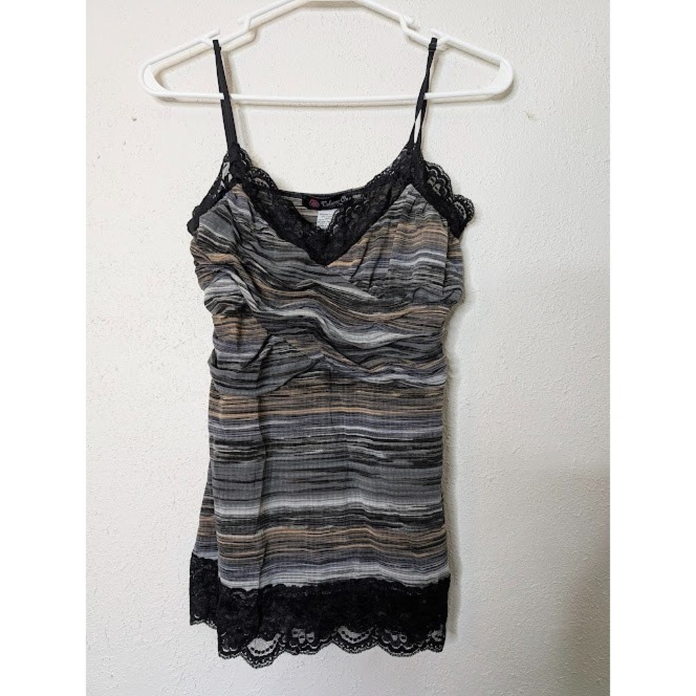 Vintage Volume‎ One Juniors Cami Tank Top Medium Brown Teal Lace Trim Y2K Grunge